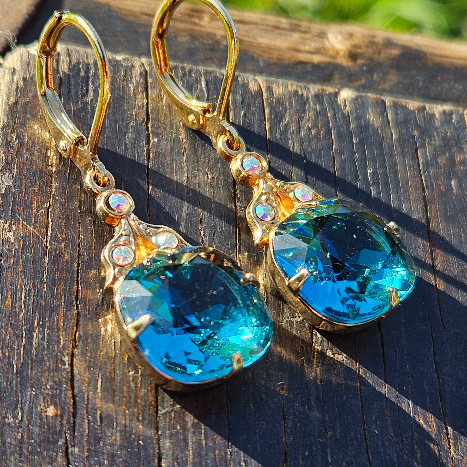 Kirks Folly Vintage Earrings Blue Crystal Gold Dangle Drop