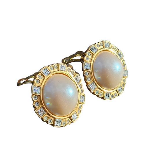 Clip On Pearl Crystal Earrings Gold Large Statement Jewellery