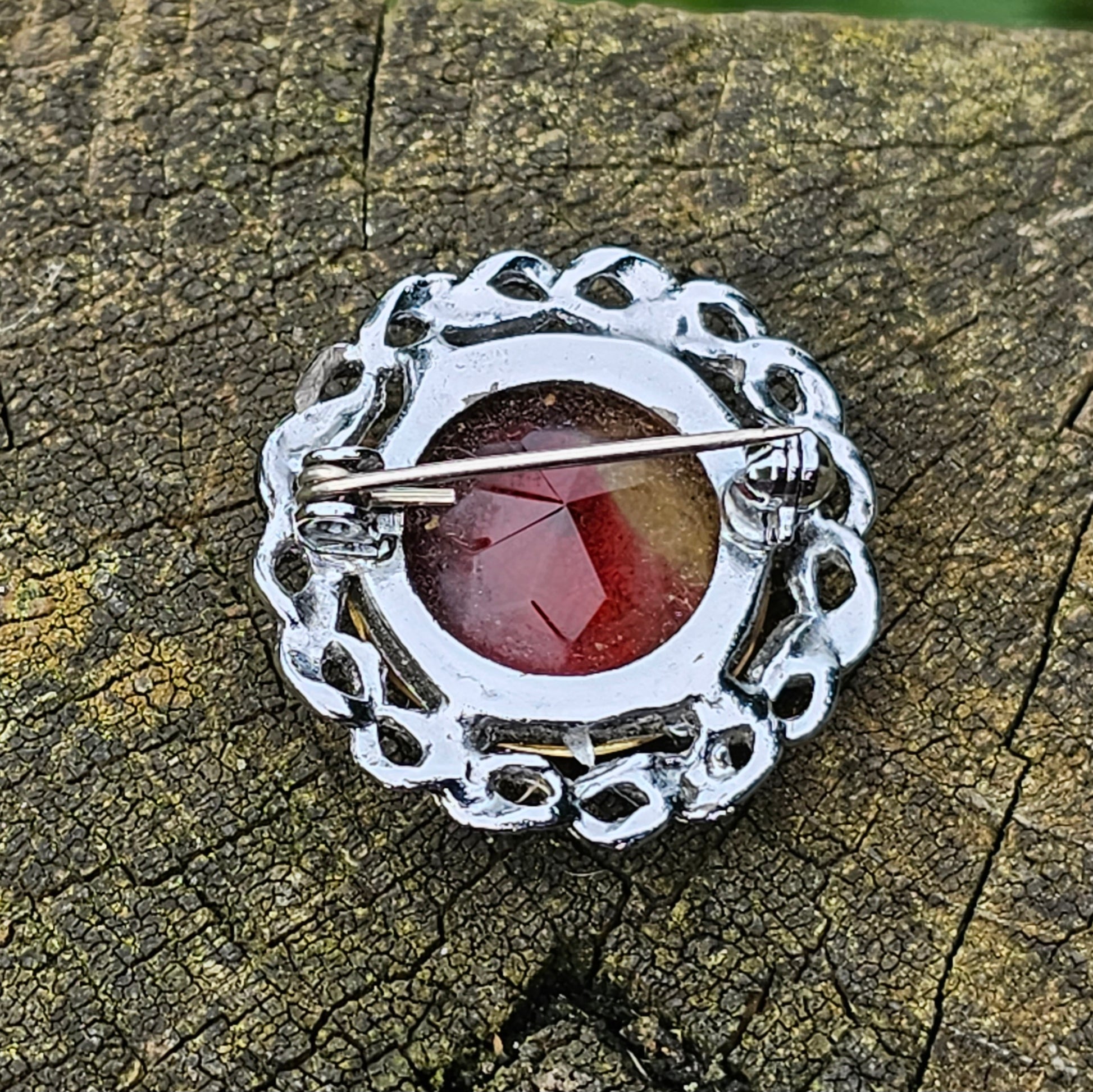 Celtic Style Vintage Glass Cabouchon Silver Tone Brooch