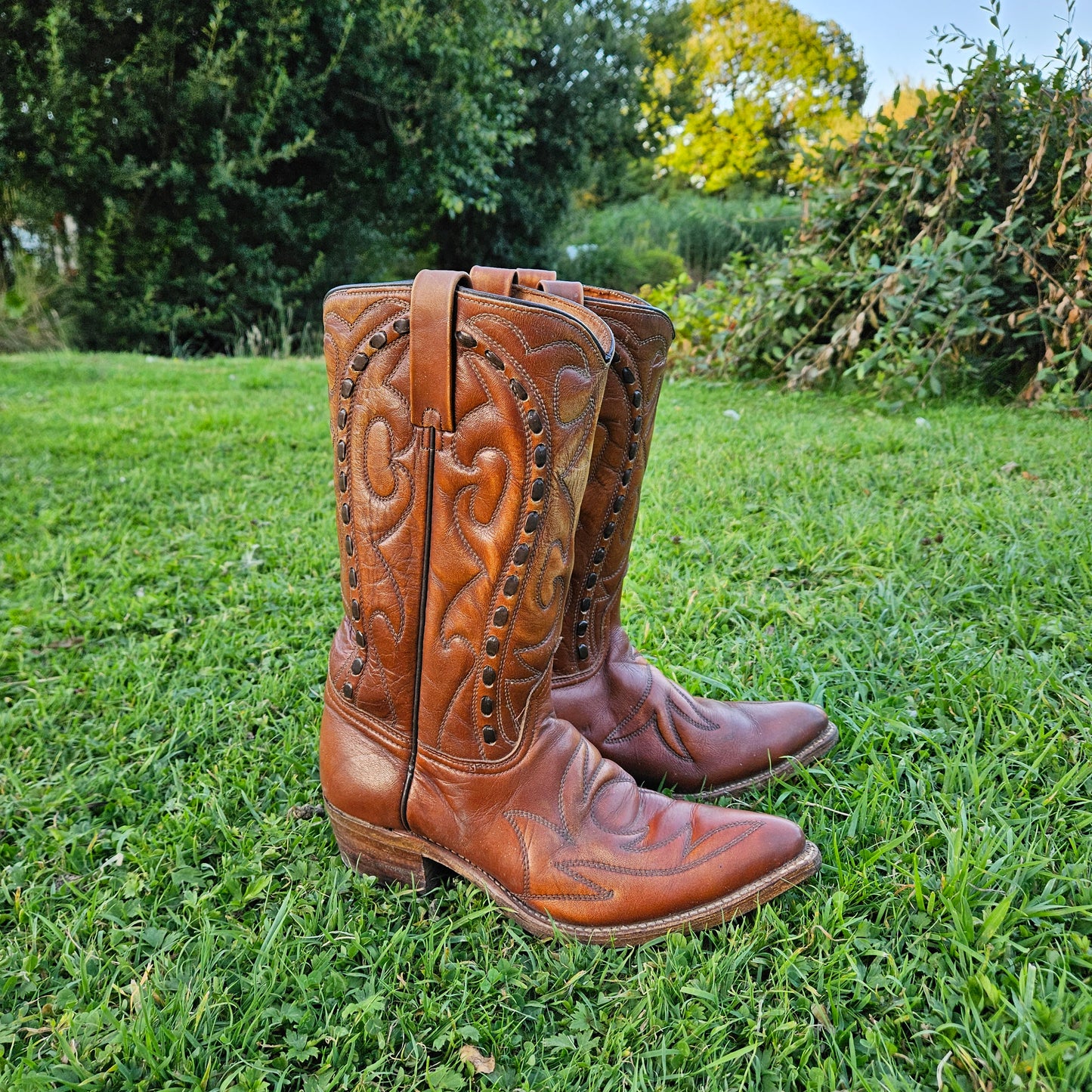 Genuine Cowboy Boots American Vintage Shoes Brown Leather Size 8D