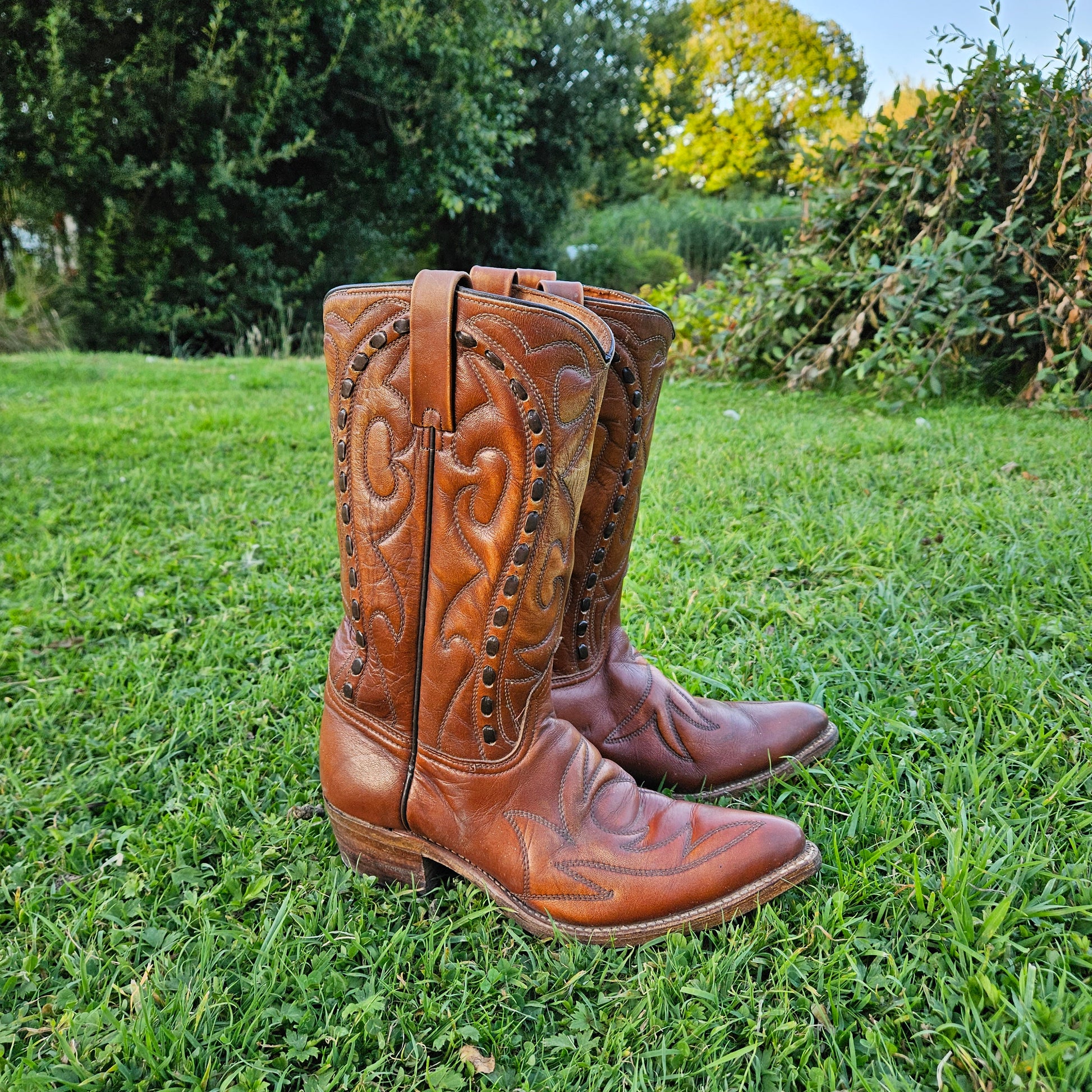 Genuine Cowboy Boots American Vintage Shoes Brown Leather Size 8D