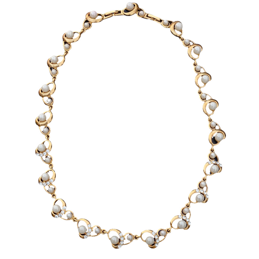 Beautiful Vintage Pearl Diamante Necklace Gold Statement Jewellery 80s