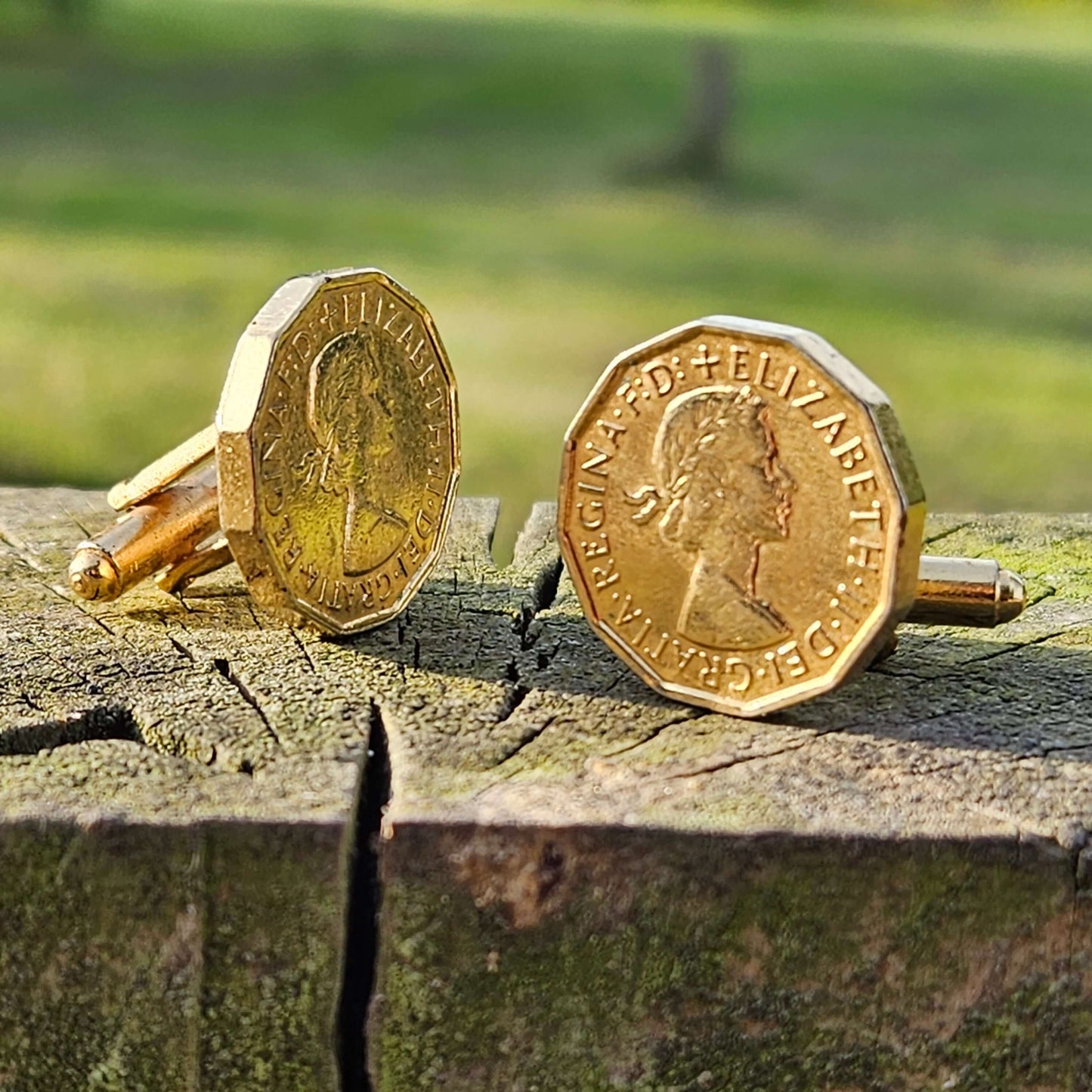 Old Three Pence Charm Cufflinks Vintage Mens Gold Tone