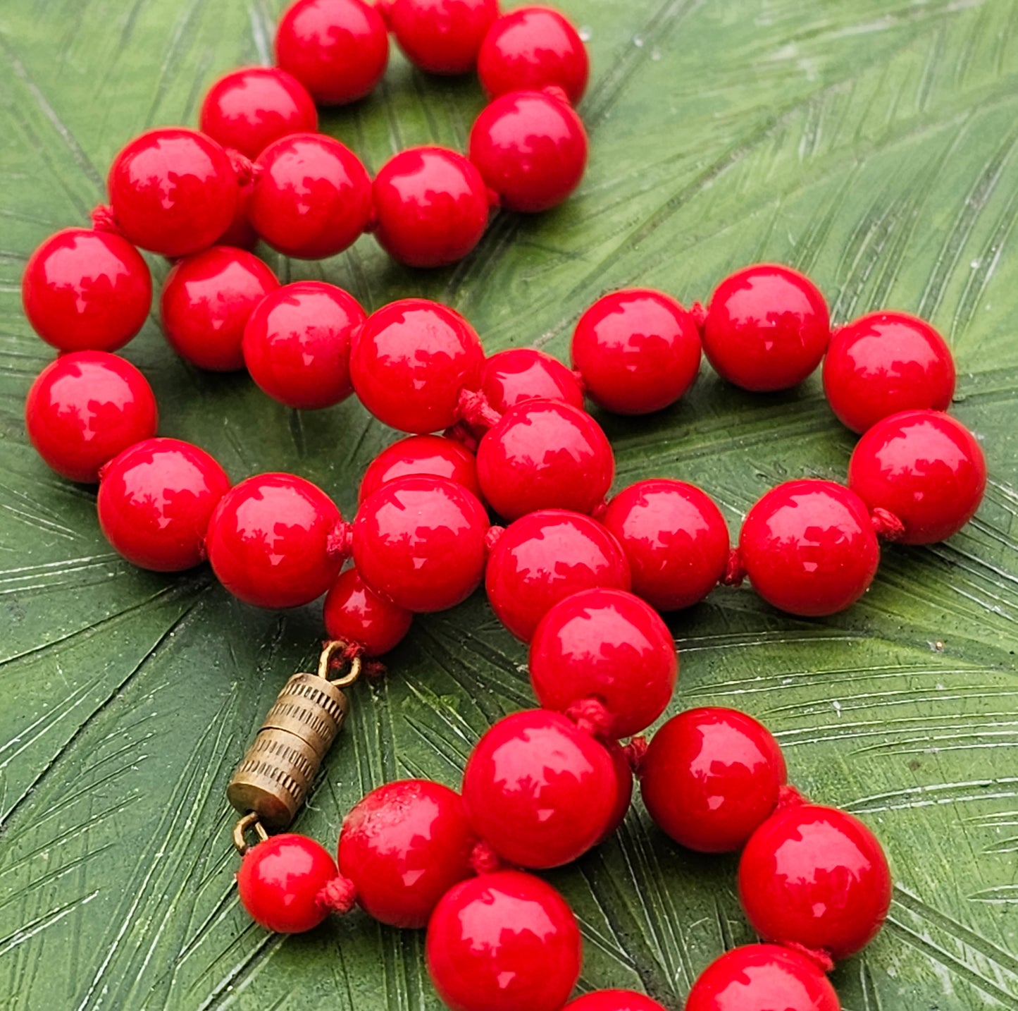 Red Glass Bead Necklace Screw Clasp Hand Knotted Beads