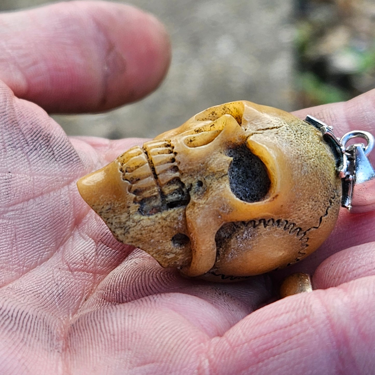 Large Carved Bone Skull Pendant For Necklace 925 Antique Memento Mori Jewellery