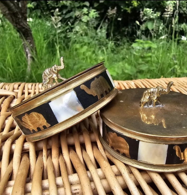 Pair Of Vintage Brass Ebony And Mother Of Pearl Trinket Boxes