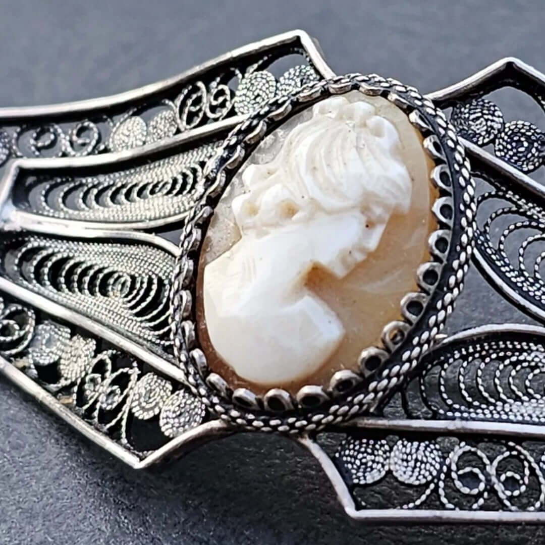 Antique Cameo Sterling Silver Filigree Brooch