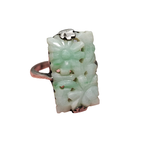 Carved Jade Ring Antique Silver Art Deco Chinese Jewellery Size M