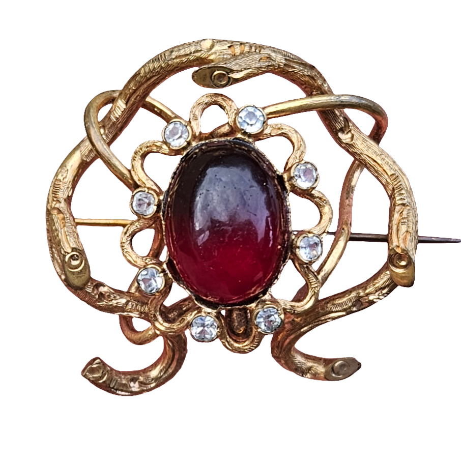 Antique French Ruby Red Cabochon Gold Gilt Brooch Large Crystals