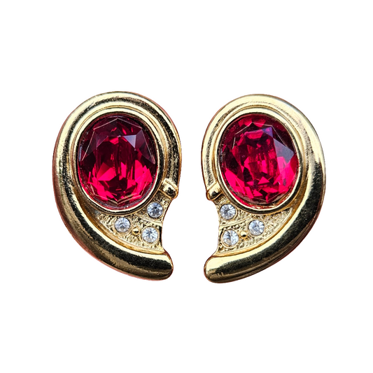 Amazing Gold Ruby Red Glass Gem Earrings 80s Clip On Designer