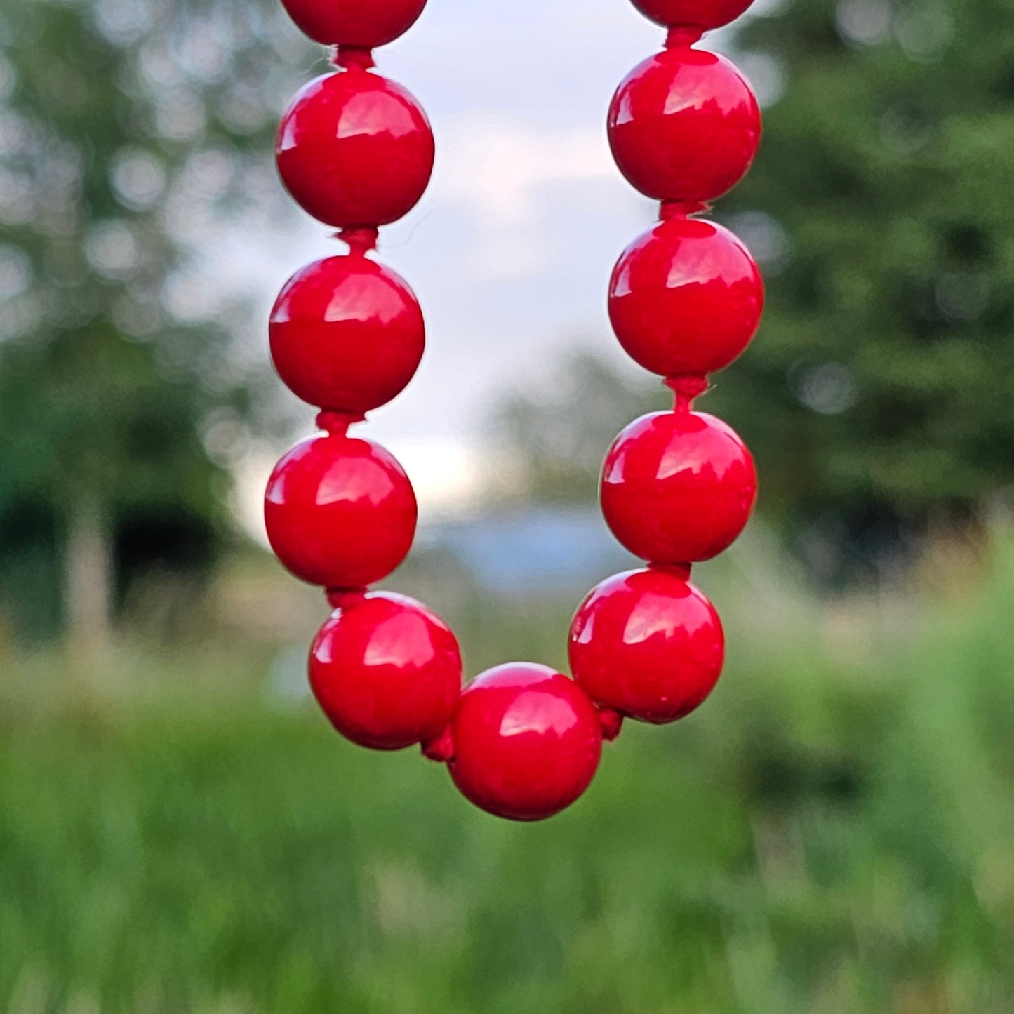 Red Glass Bead Necklace Screw Clasp Hand Knotted Beads