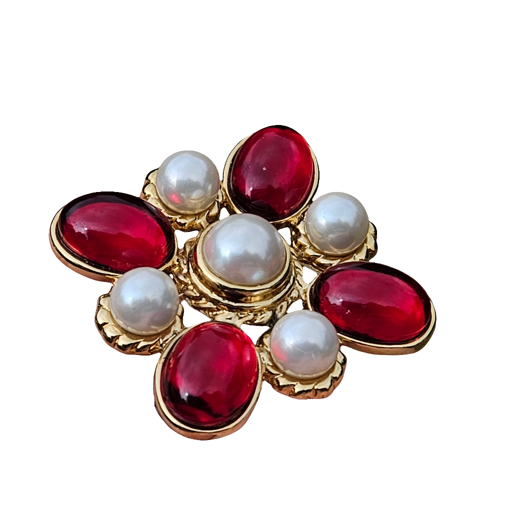 Ruby Red Gripoix Glass Type Brooch Gold Plated Jewellery Pearl