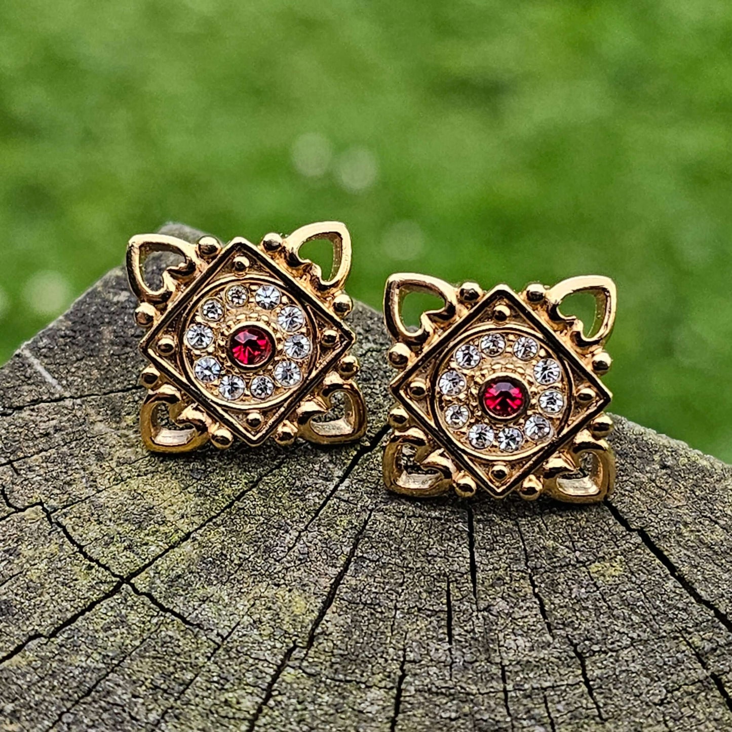 Gold Tone Studs Pierced Ears Vintage Style Earrings Diamanté Red Glass