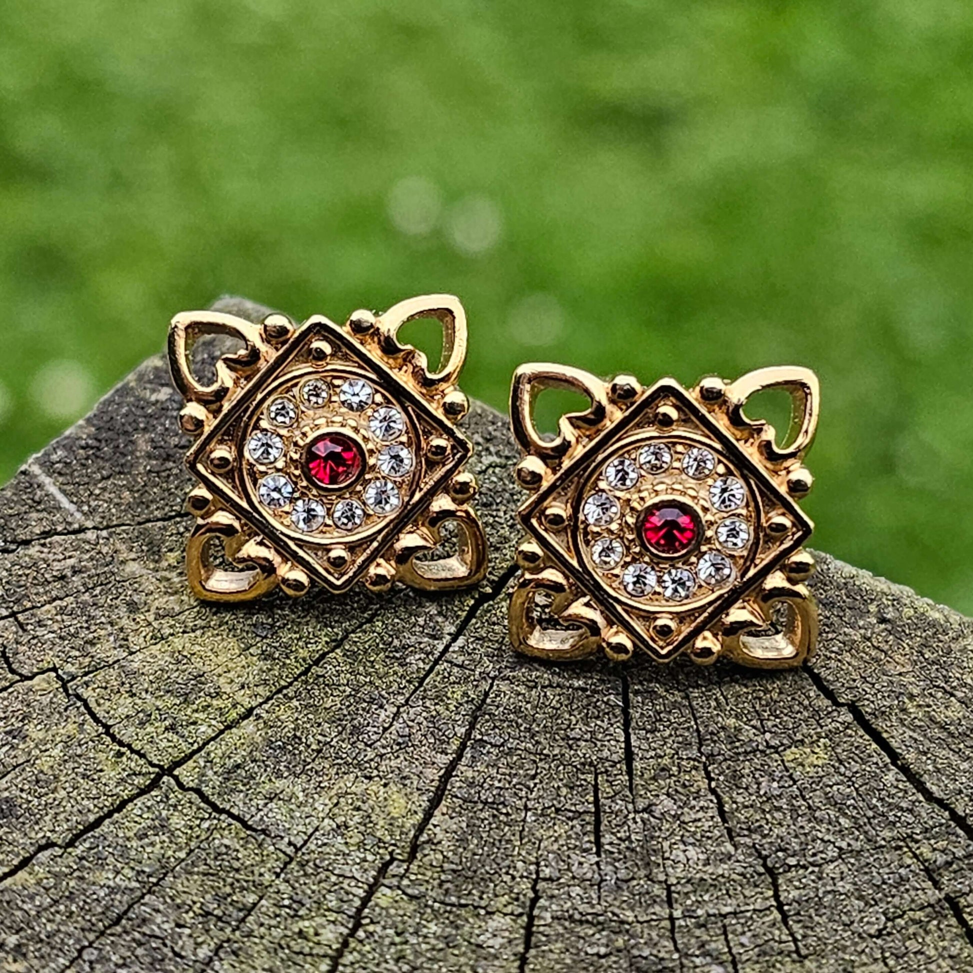 Gold Tone Studs Pierced Ears Vintage Style Earrings Diamanté Red Glass