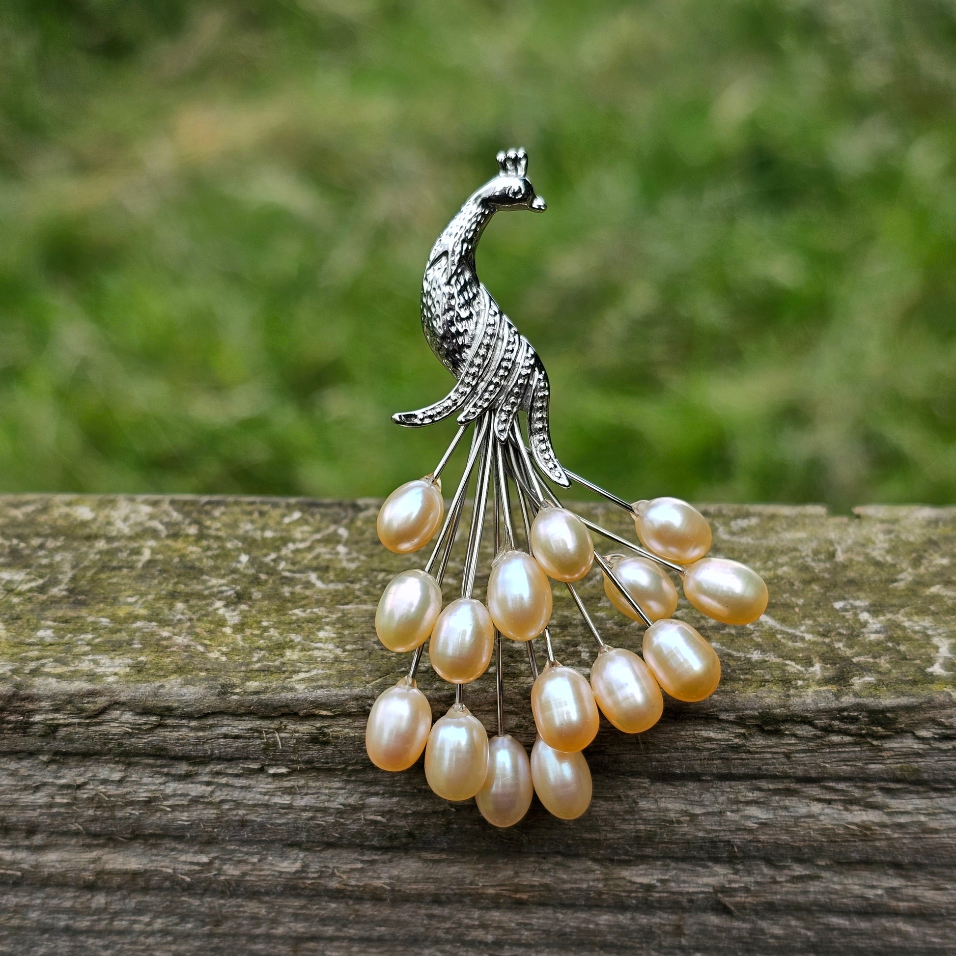 Vintage Pale Pink Pearl Peacock Brooch Bridal Jewellery