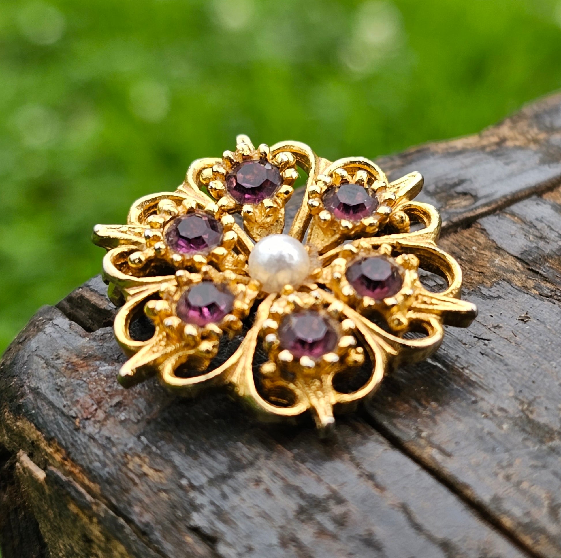 Diamante Brooch Gold Plated Vintage Jewellery Pink Stones