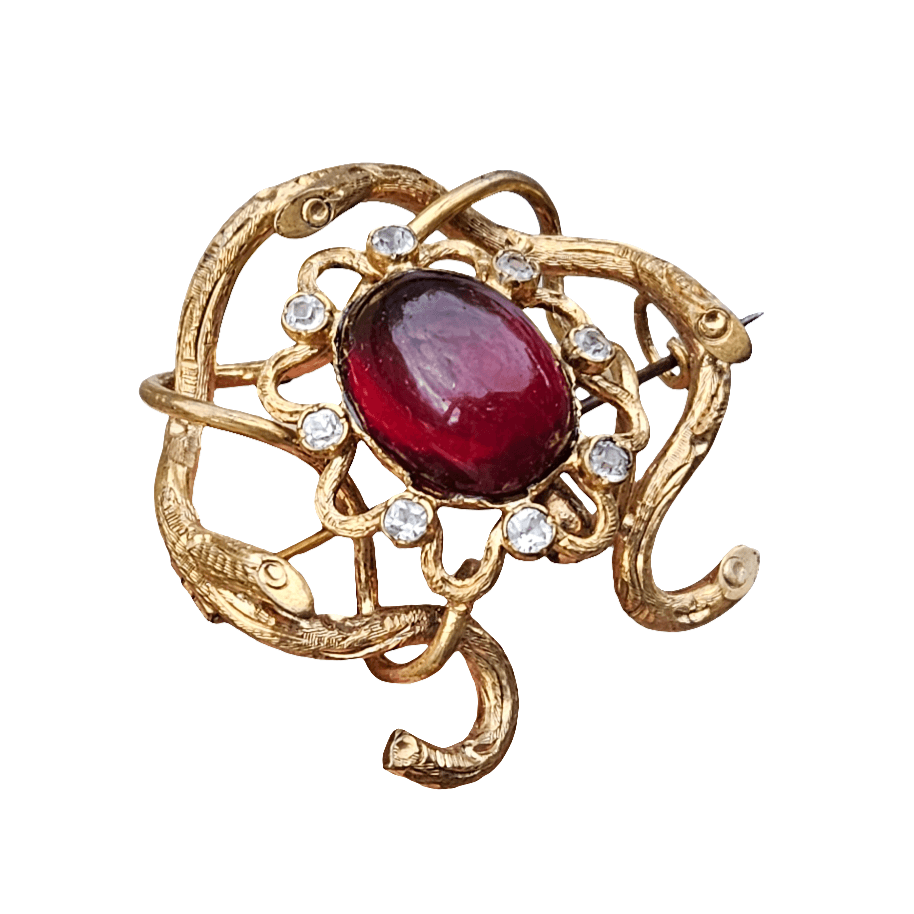 Antique French Ruby Red Cabochon Gold Gilt Brooch Large Crystals