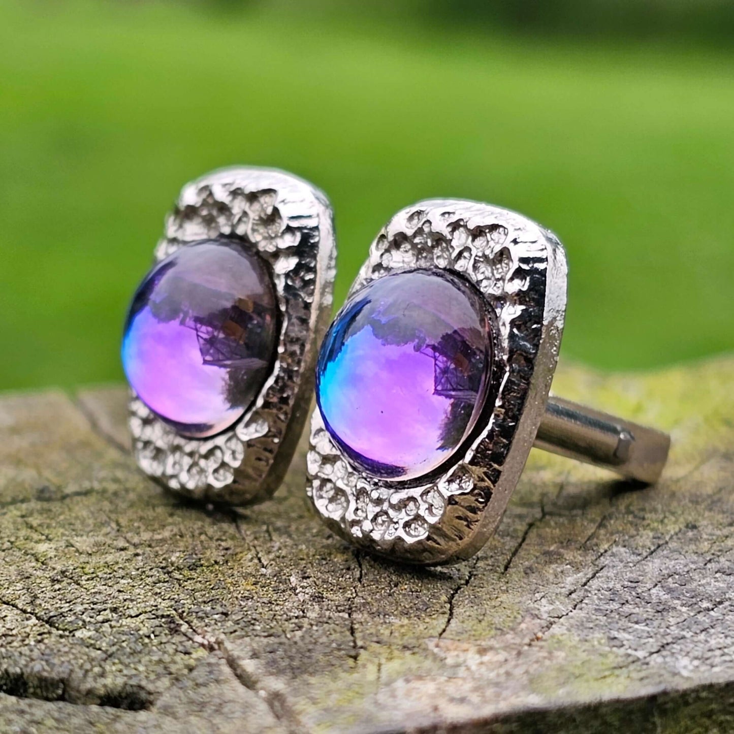 Prism Glass Cufflinks Silver Tone Mcm Vintage Retro purple cabouchon 