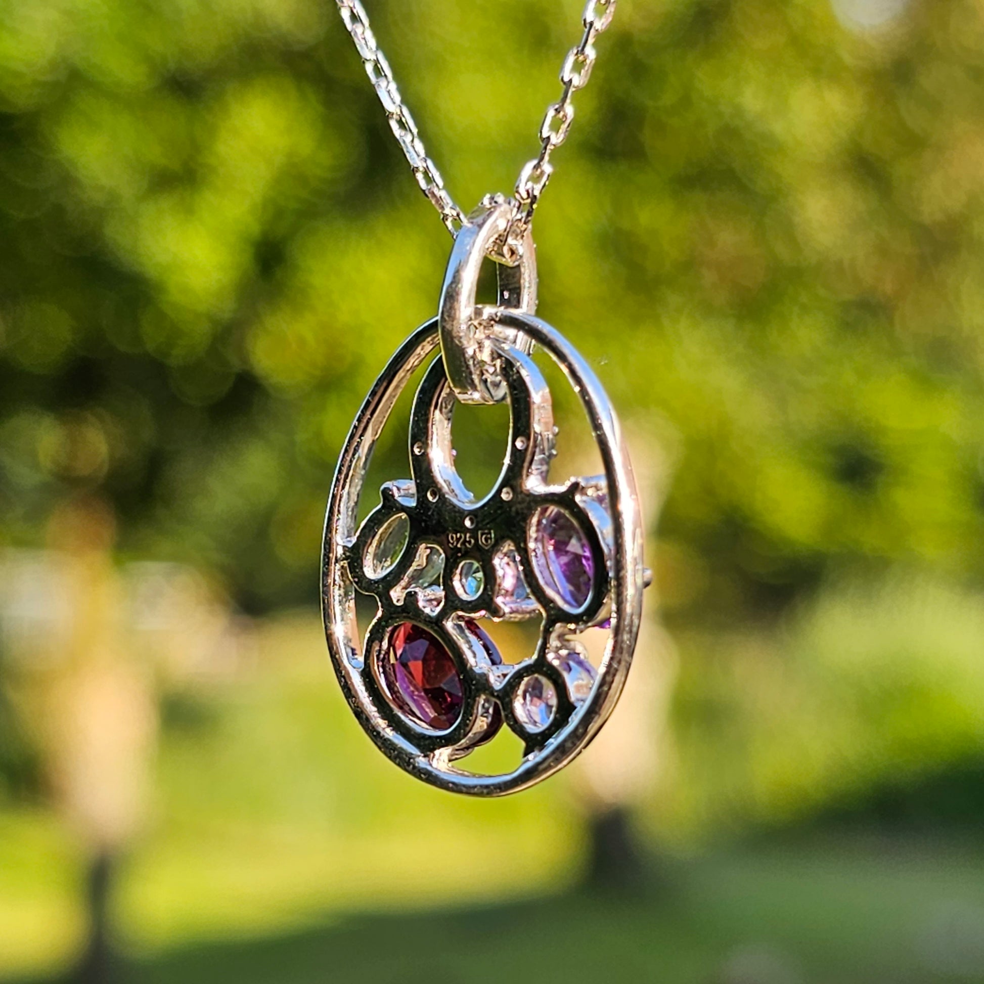 Sterling Silver Multi Gemstone Diamond Pendant Necklace