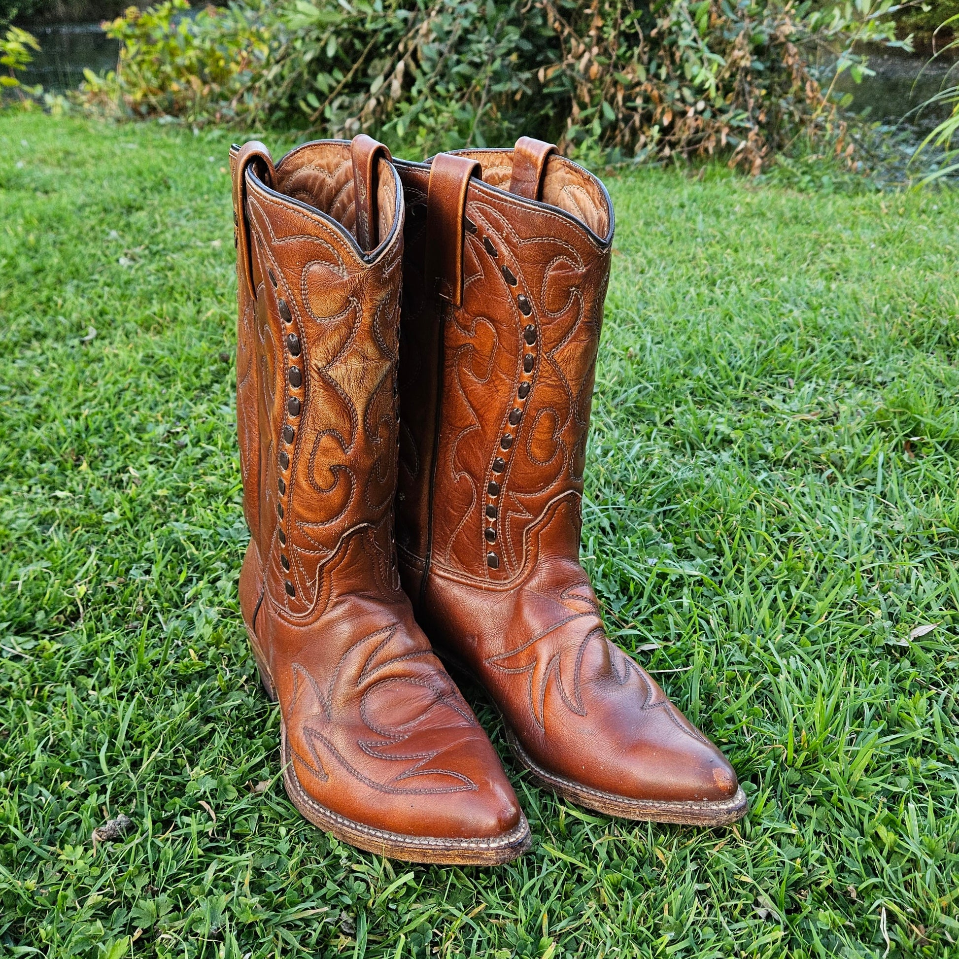 Genuine Cowboy Boots American Vintage Shoes Brown Leather Size 8D