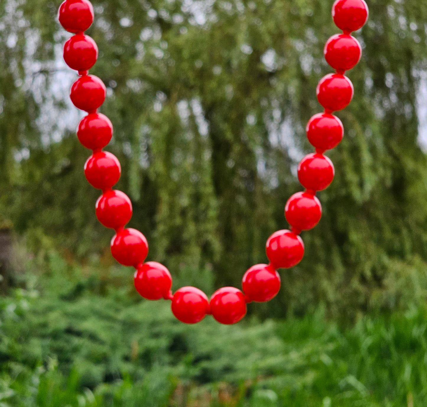 Red Glass Bead Necklace Screw Clasp Hand Knotted Beads