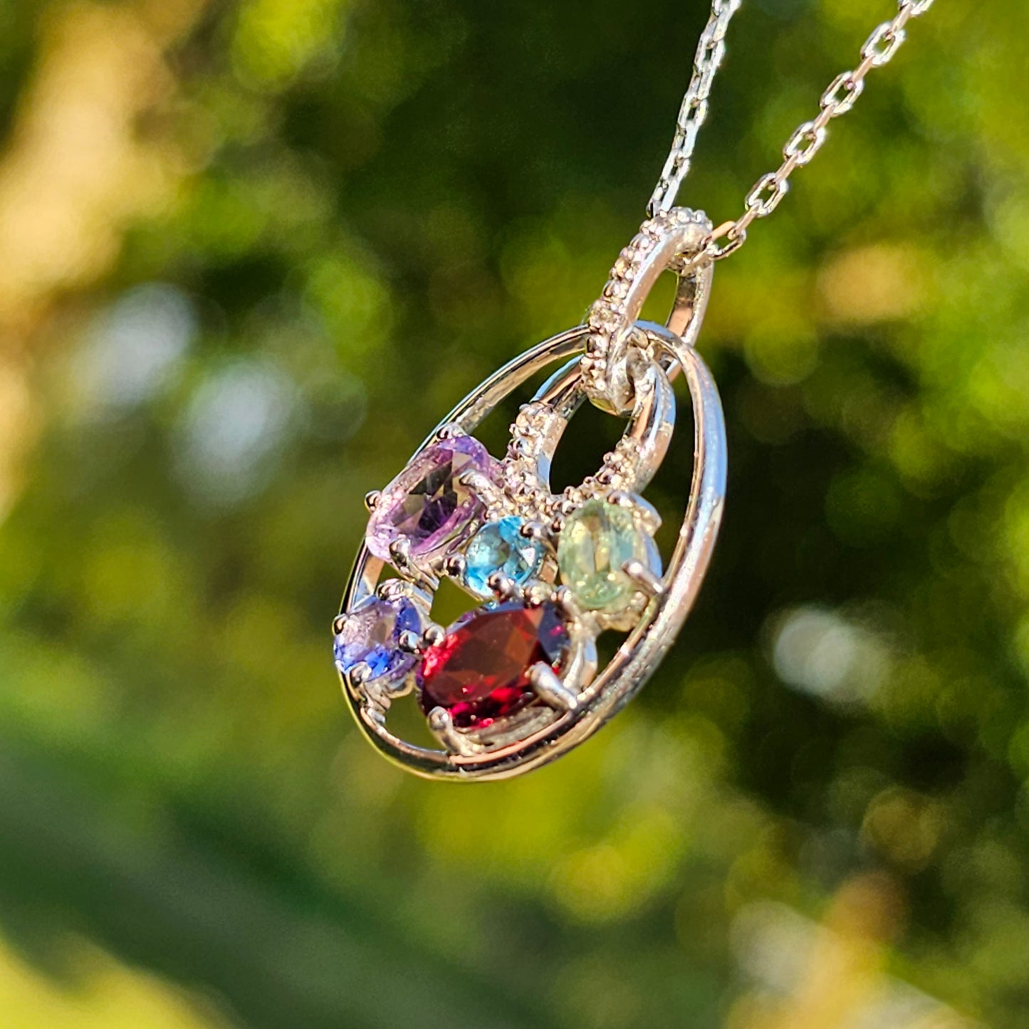 Sterling Silver Multi Gemstone Diamond Pendant Necklace