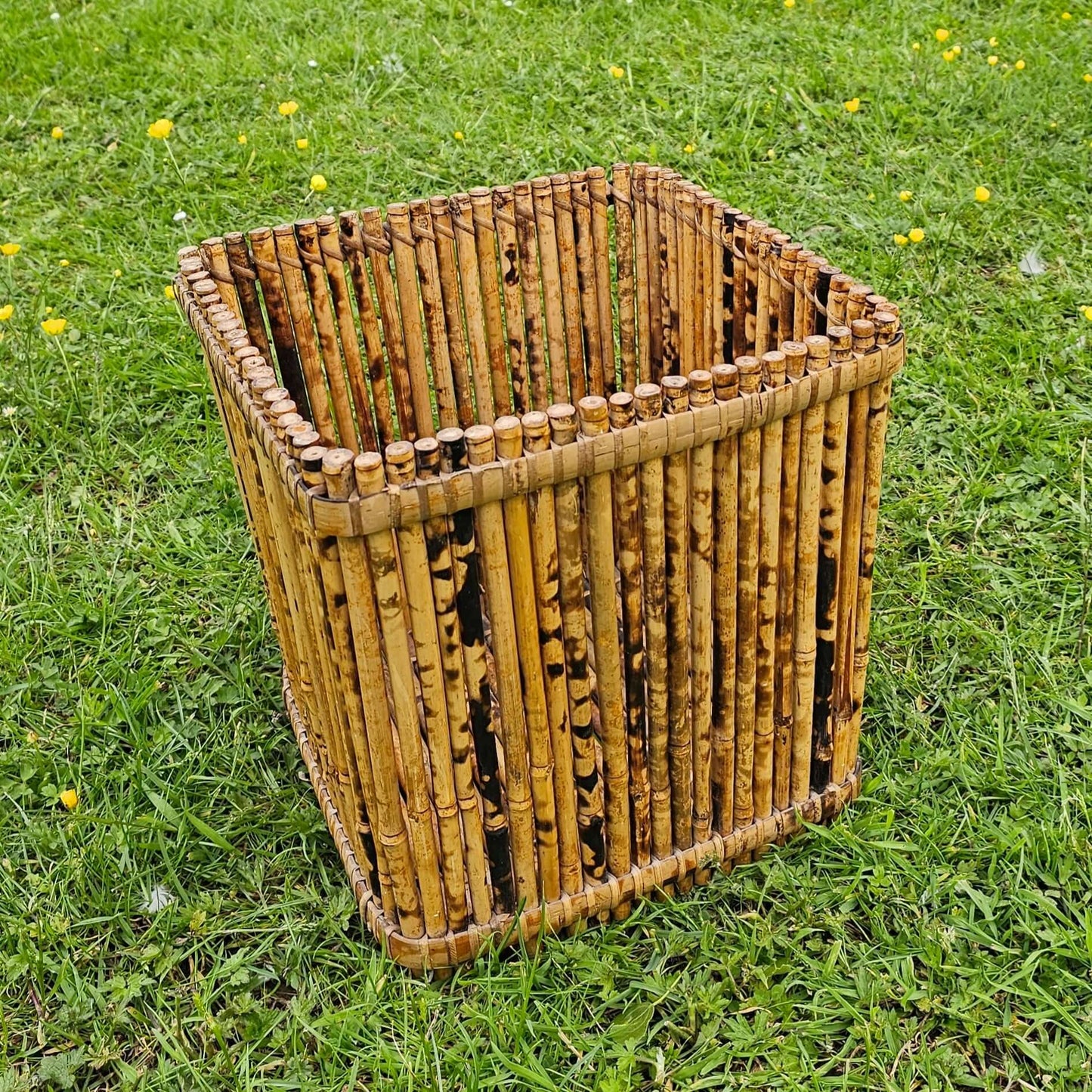 Tortoiseshell Bamboo Planter Waste Paper Bin MCM Vintage