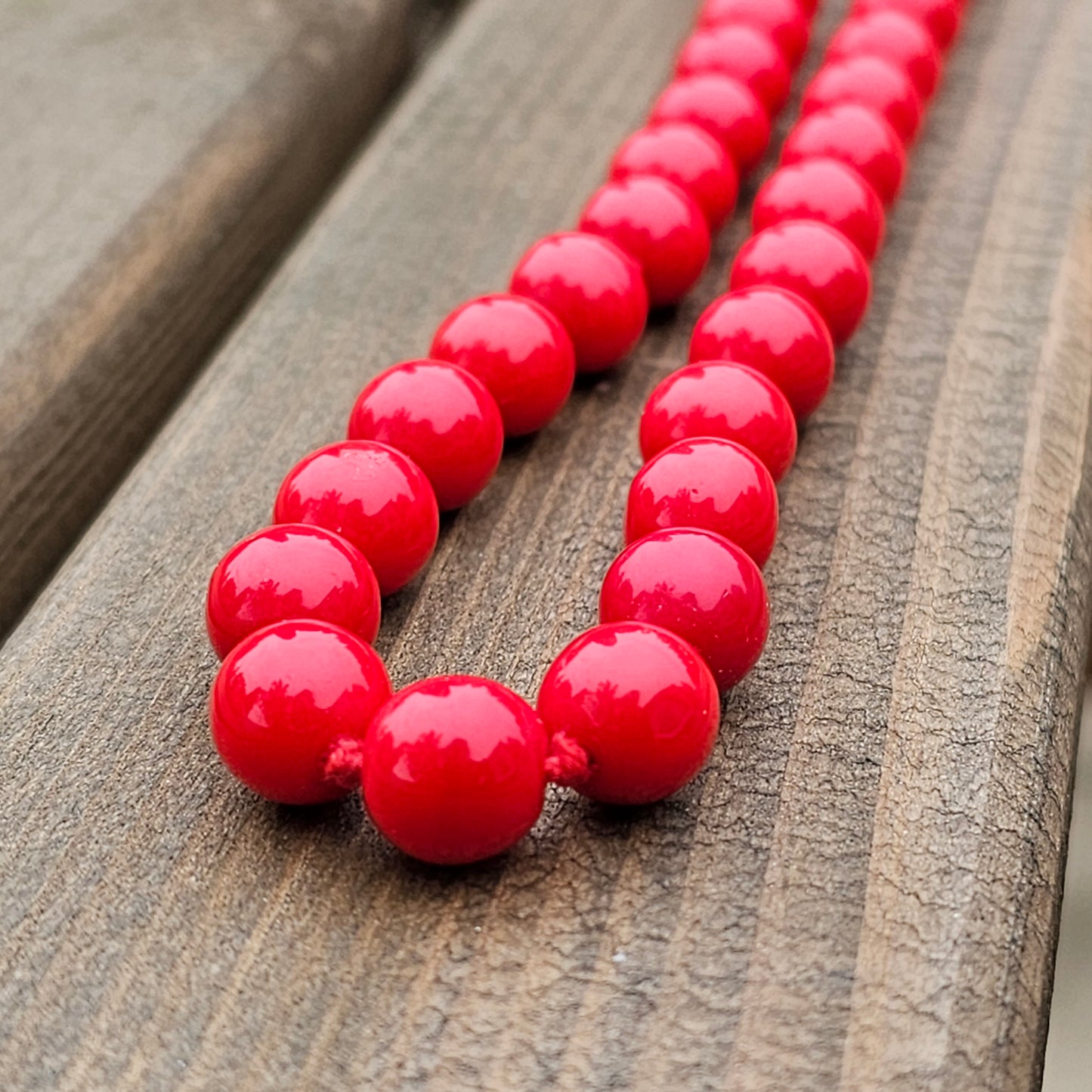 Red Glass Bead Necklace Screw Clasp Hand Knotted Beads