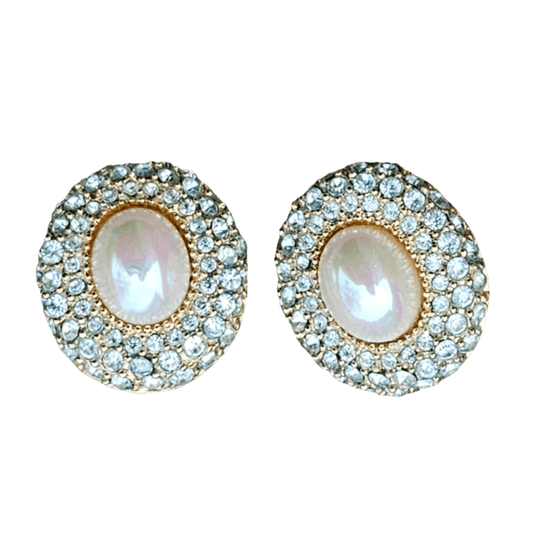 Christian Dior Earrings Pierced Studs Pearl Crystals Vintage CD Designer