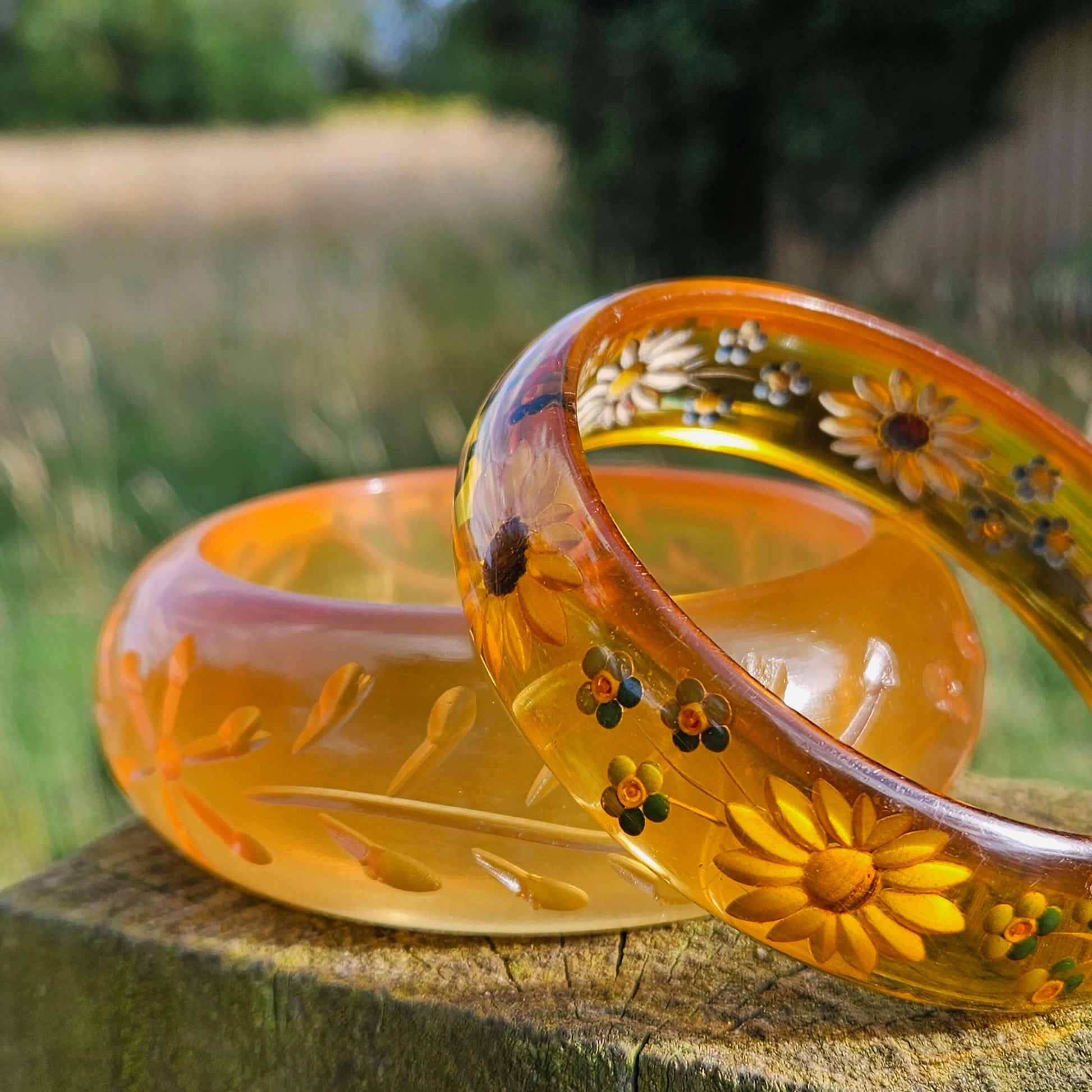 Reverse Carved Bakelite Bangle Vintage Jewellery Flowers