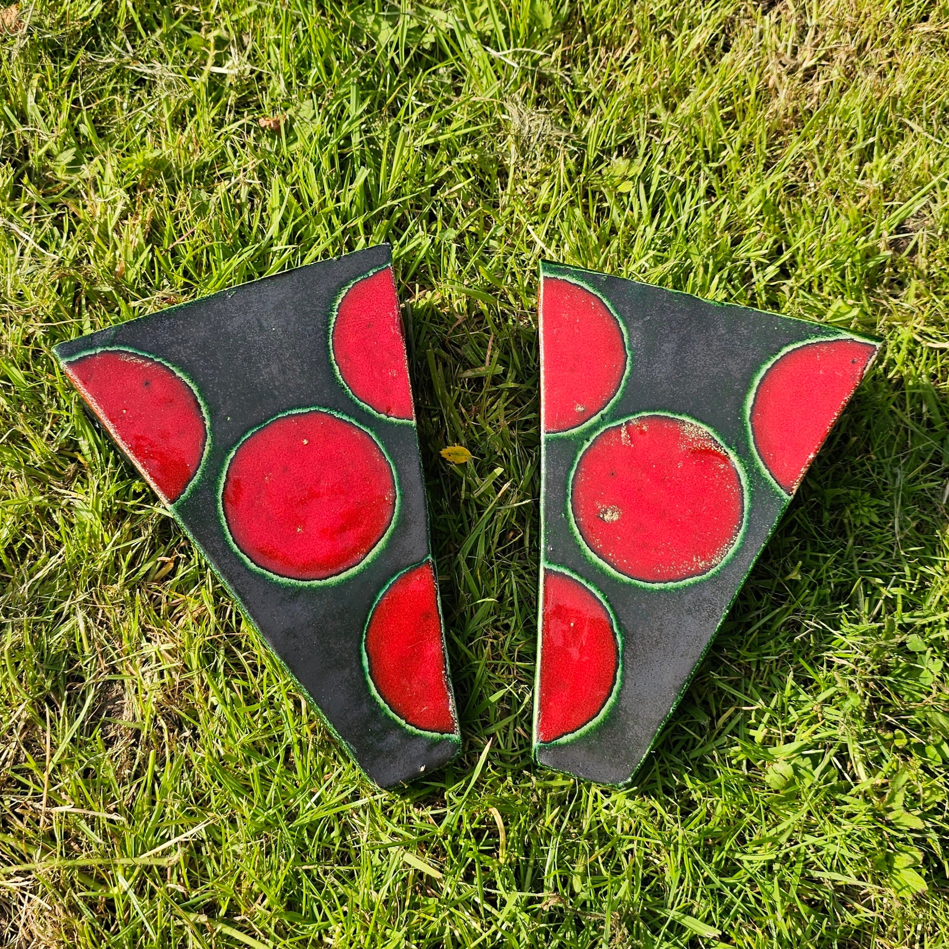 Funky MCM Slabwork Wall Vases Green Red Pair Studio Pottery Triangular 