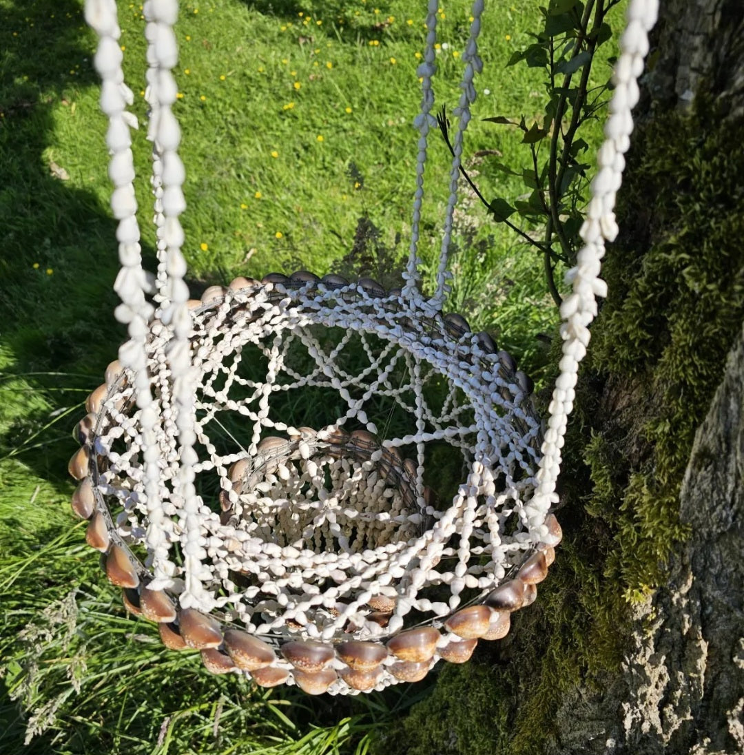 Vintage Hanging Macrame Shell Planter Boho Natural Plant Holder