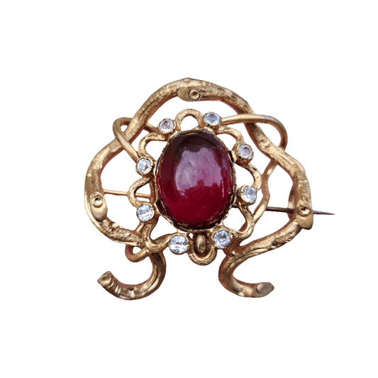 Antique French Ruby Red Cabochon Gold Gilt Brooch Large Crystals