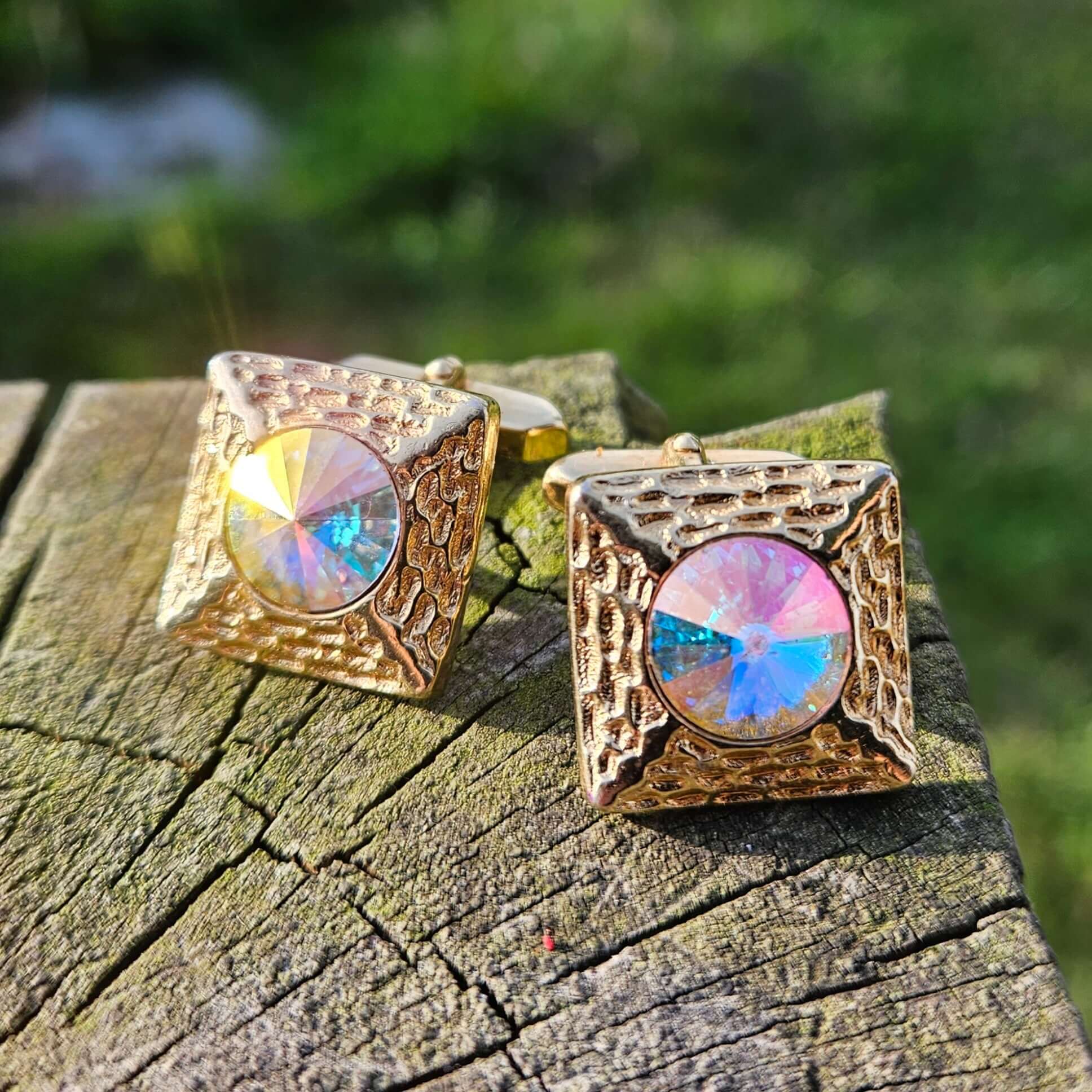 Jazzy Pink Blue Glass Cufflinks Gold Tone Mcm Vintage Retro