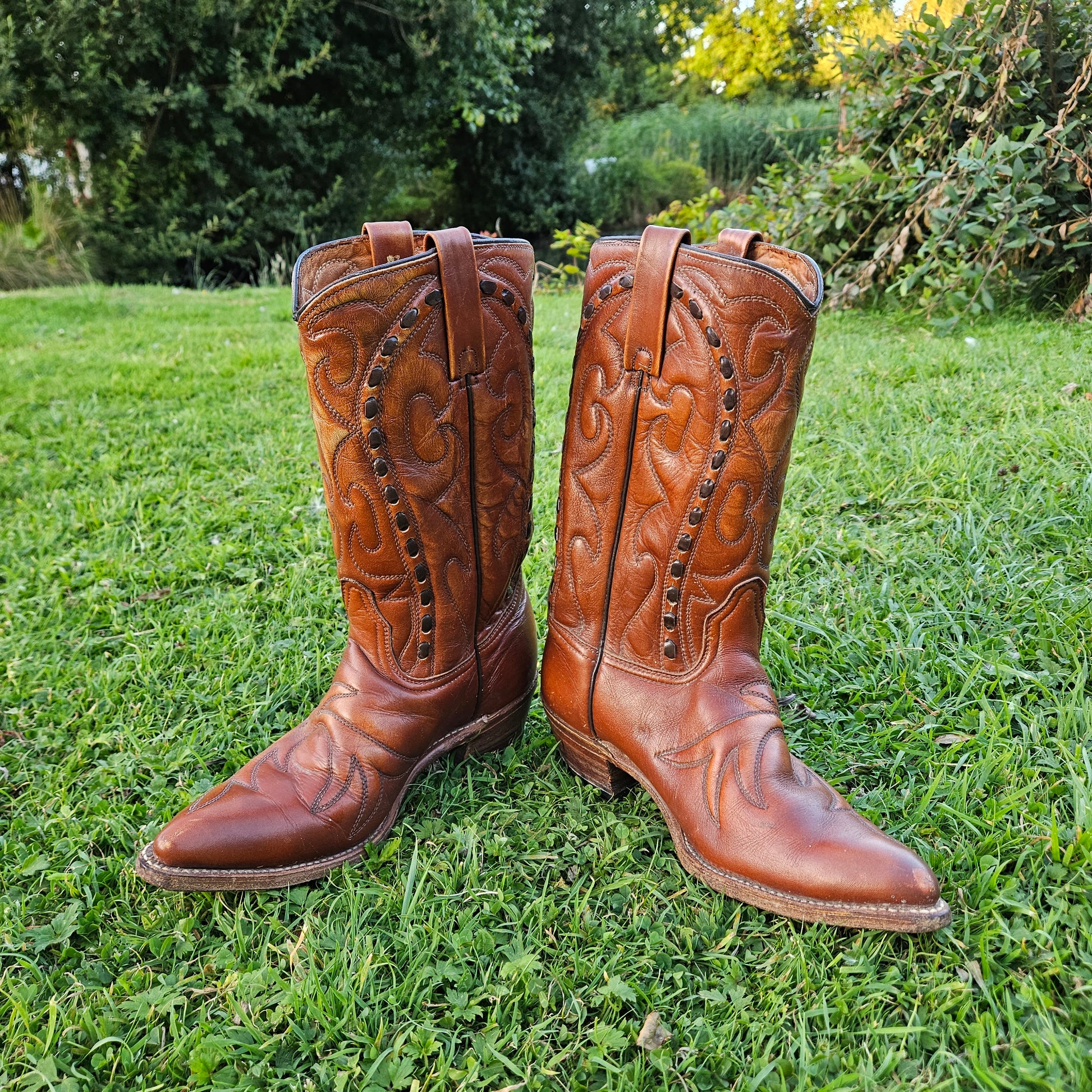 Genuine Cowboy Boots American Vintage Shoes Brown Leather Size 8D