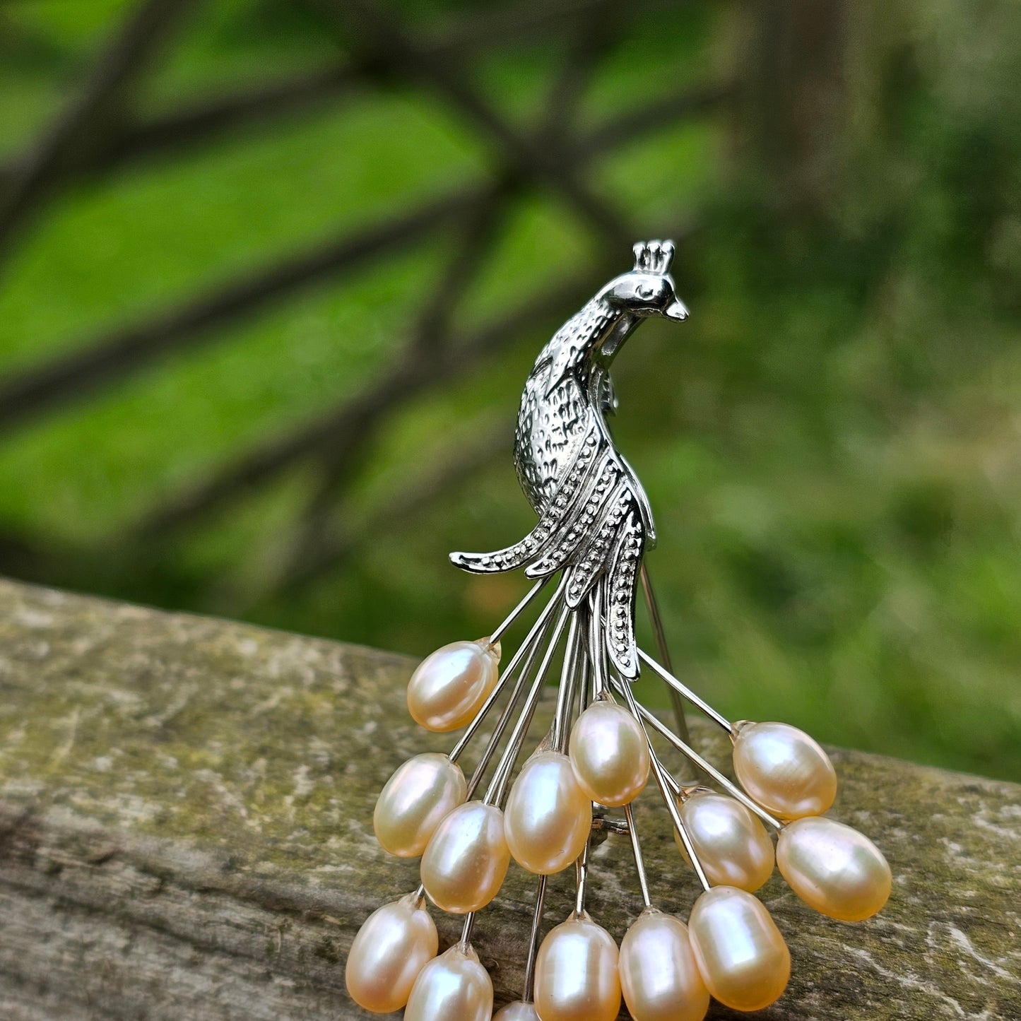 Vintage Pale Pink Pearl Peacock Brooch Bridal Jewellery