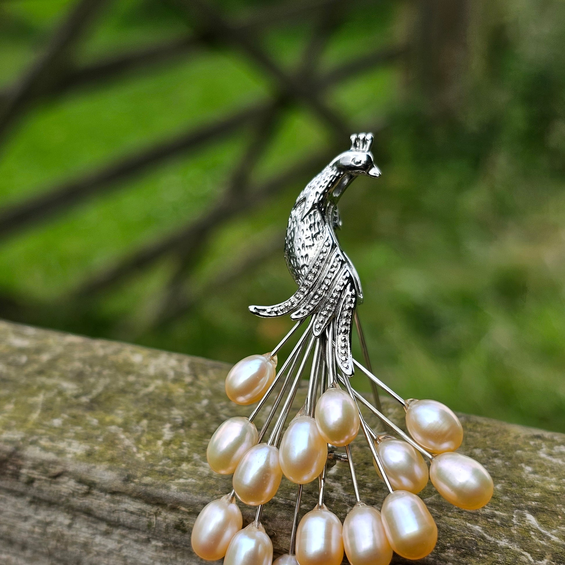 Vintage Pale Pink Pearl Peacock Brooch Bridal Jewellery