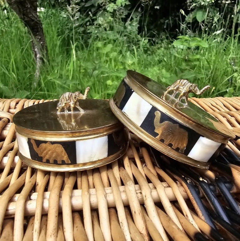 Pair Of Vintage Brass Ebony And Mother Of Pearl Trinket Boxes