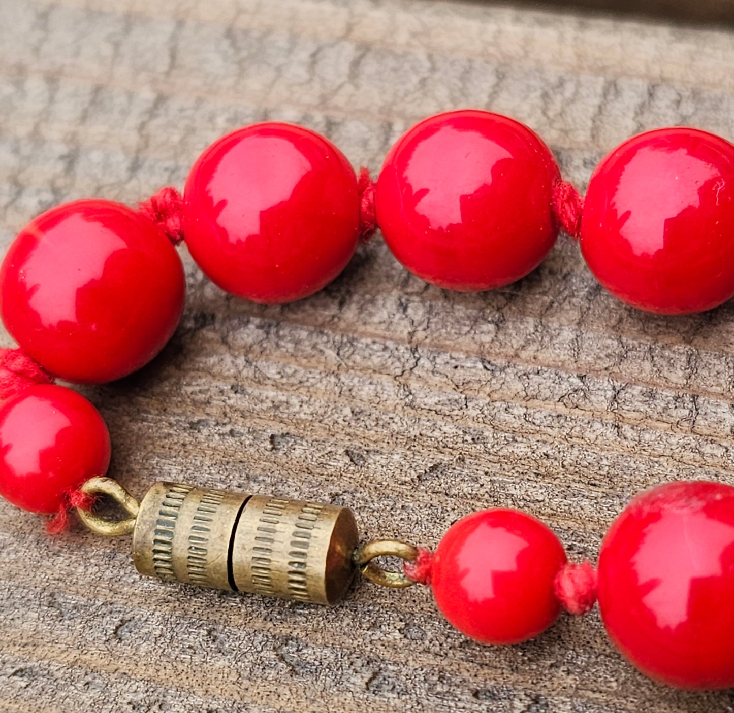 Red Glass Bead Necklace Screw Clasp Hand Knotted Beads