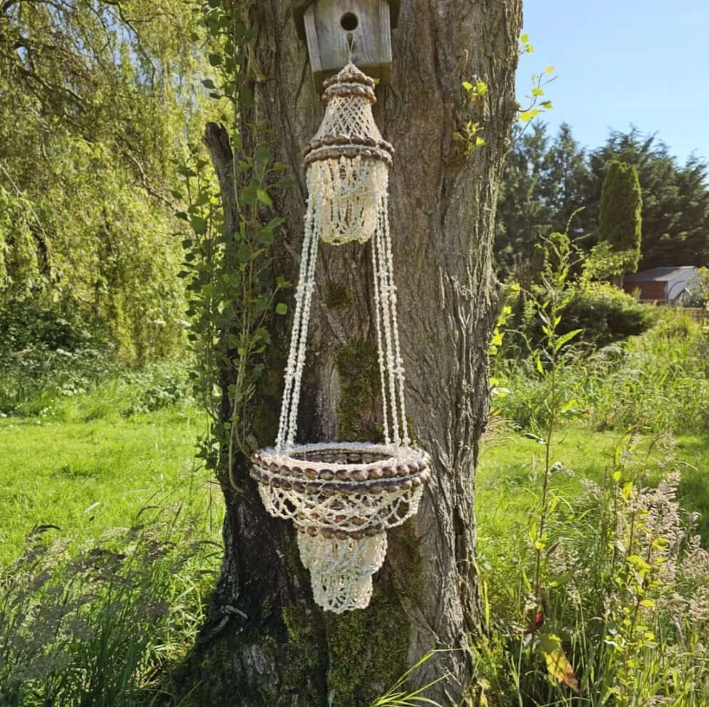 Vintage Hanging Macrame Shell Planter Boho Natural Plant Holder