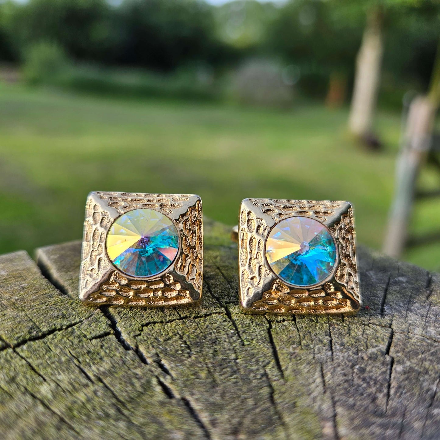 Jazzy Pink Blue Glass Cufflinks Gold Tone Mcm Vintage Retro