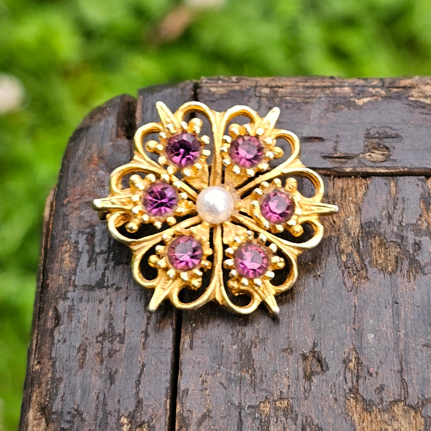 Diamante Brooch Gold Plated Vintage Jewellery Pink Stones