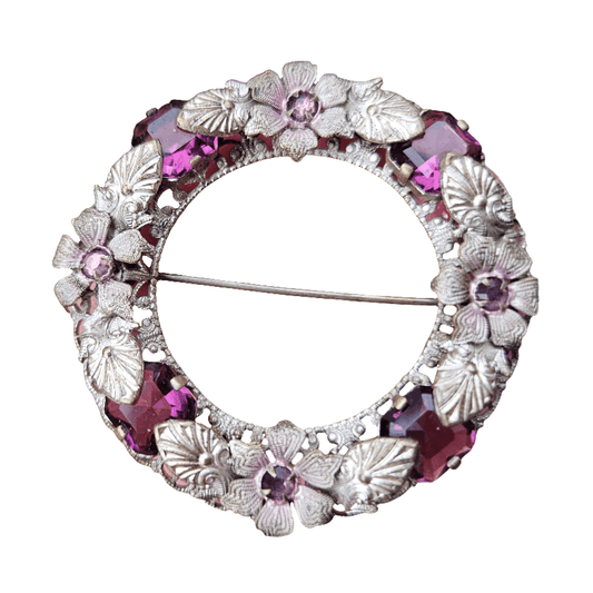 Silver Openwork Wreath Brooch Vintage Flower Pin Purple Lilac Rhinestone