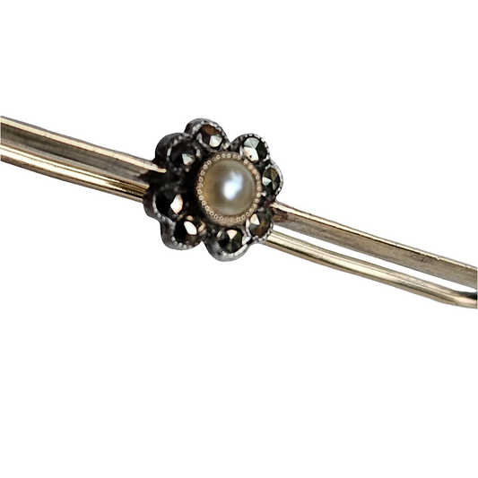 Antique 9ct Gold Pearl Bar Brooch Marcasite