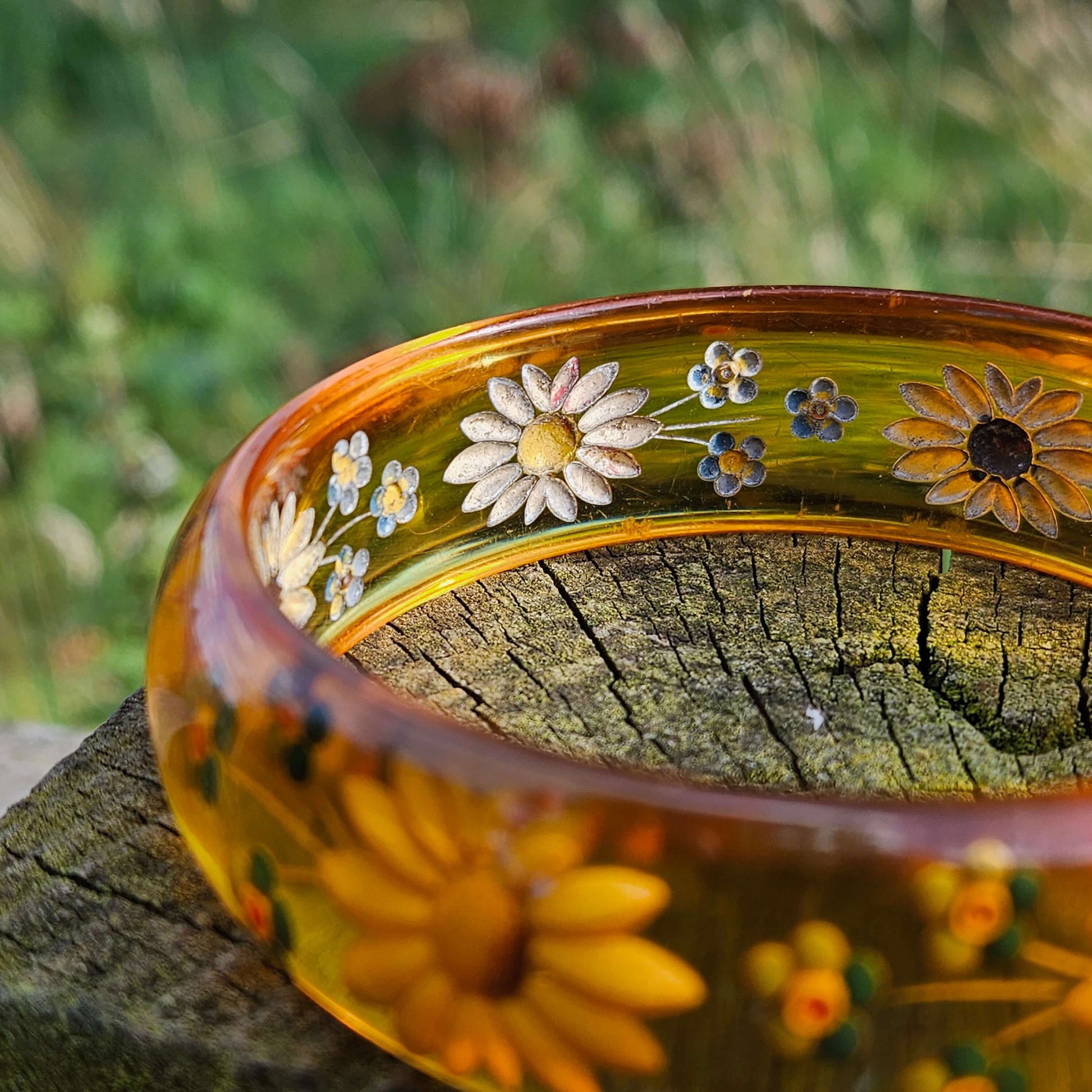 Reverse Carved Bakelite Bangle Vintage Jewellery Flowers