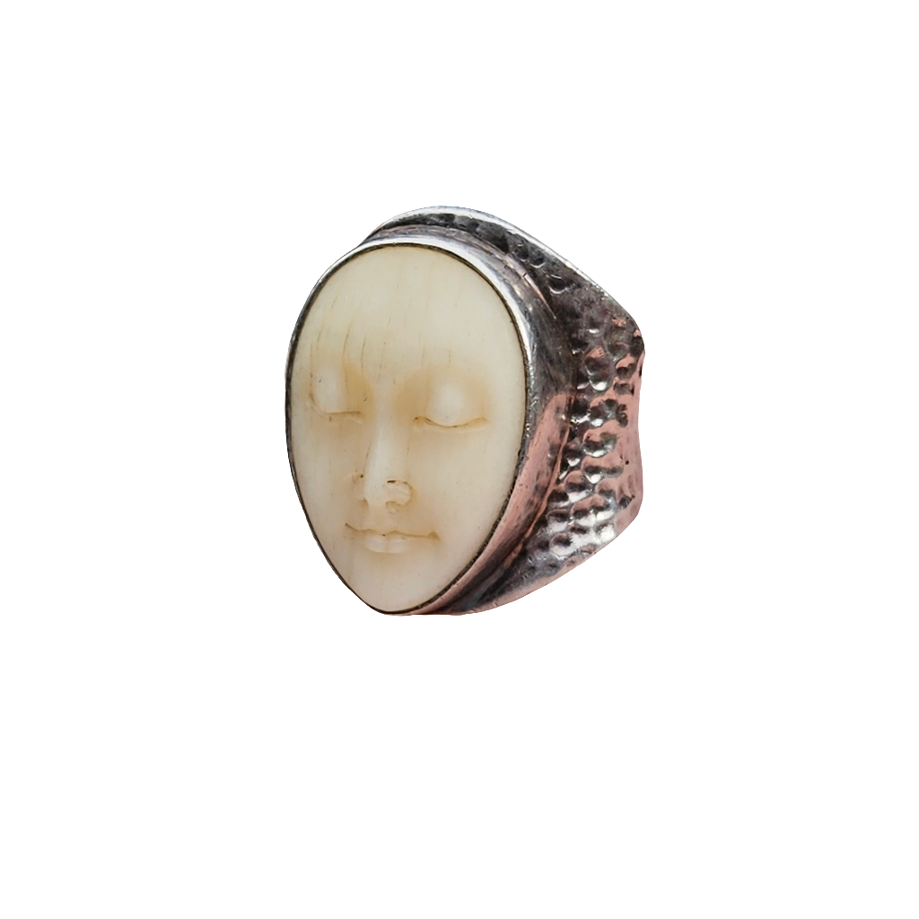 925 Silver Carved Bone Ring Lady Face Vintage Large Jewellery