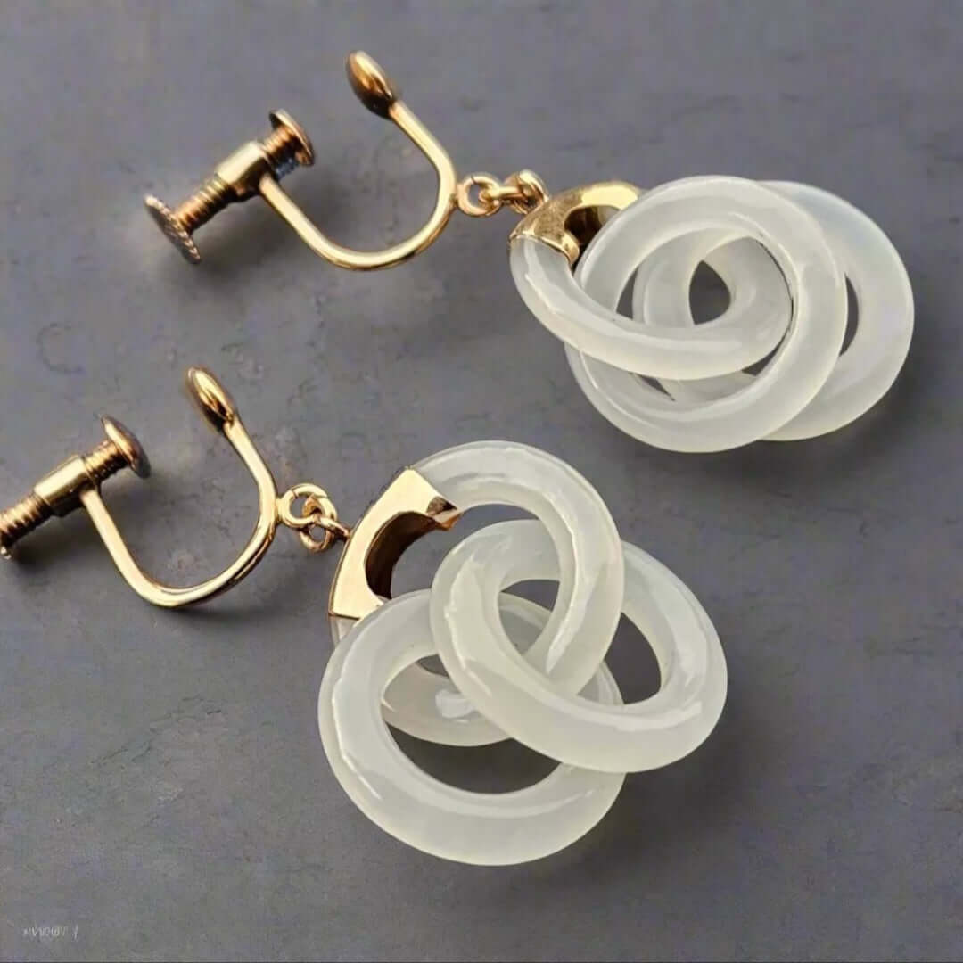 Chinese White Jade Three Ring Earrings 585 14k Gold Antique Screw On Nephrite