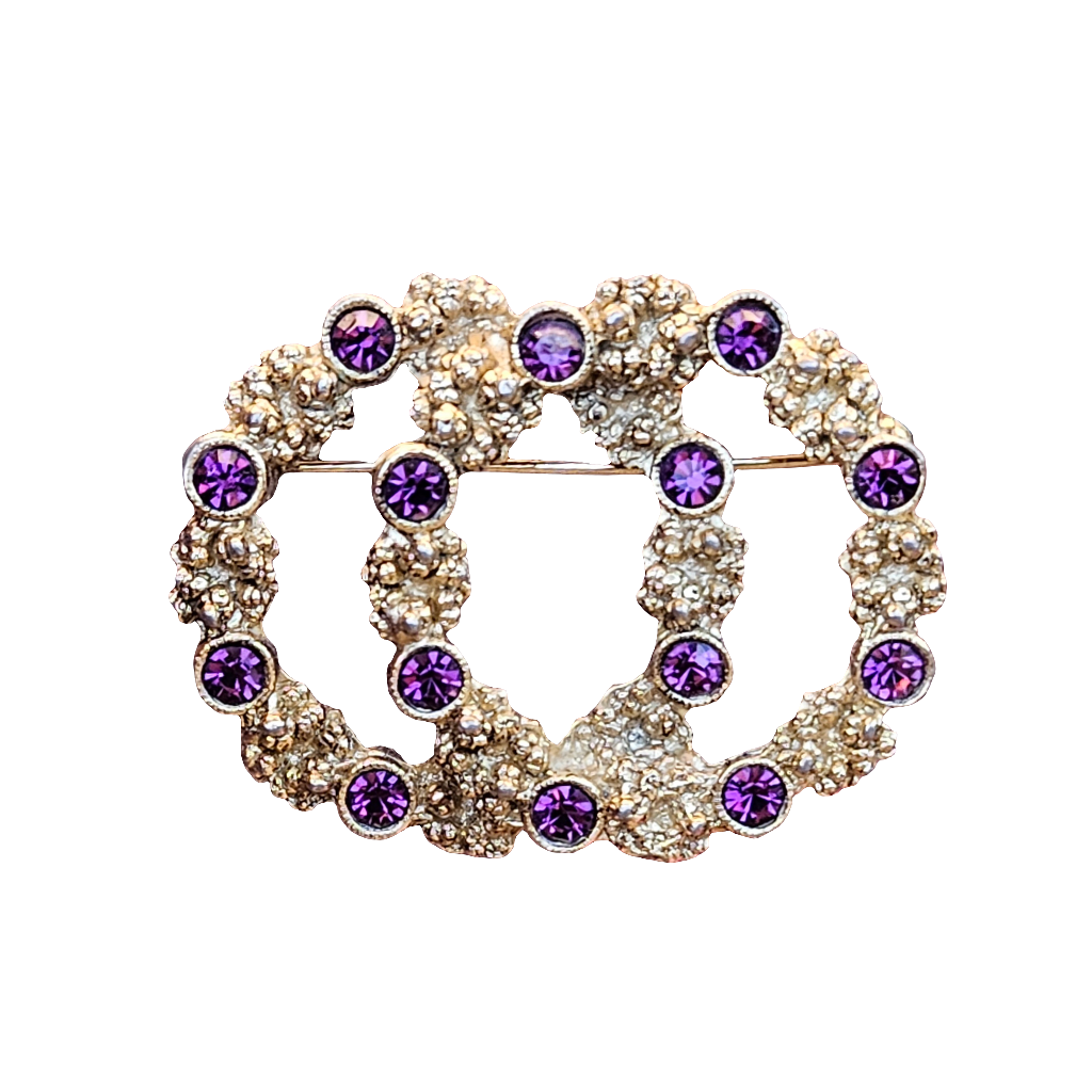 Double Wreath Vibrant Purple Rhinestone West Brooch Vintage Pin Gold Tone