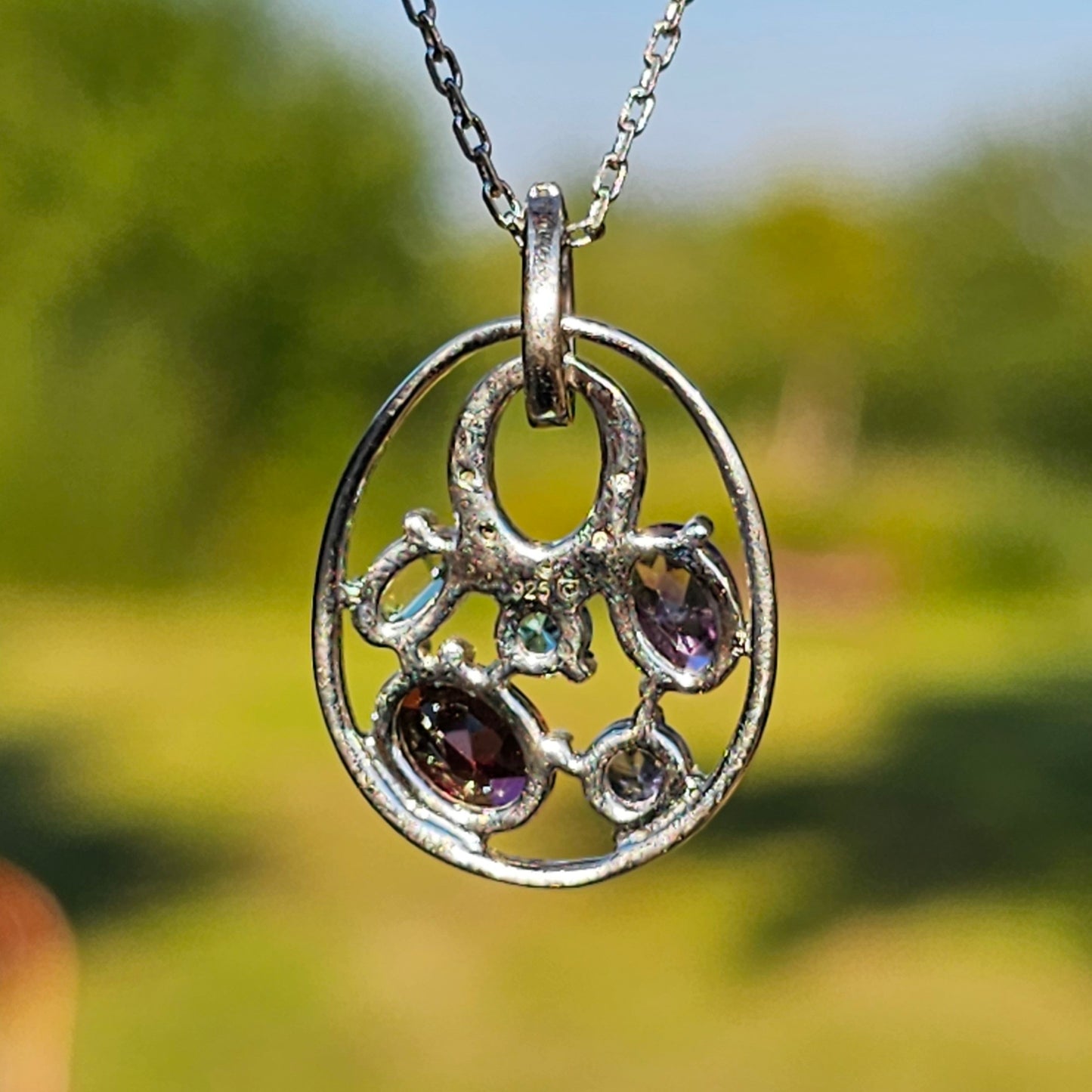 Sterling Silver Multi Gemstone Diamond Pendant Necklace