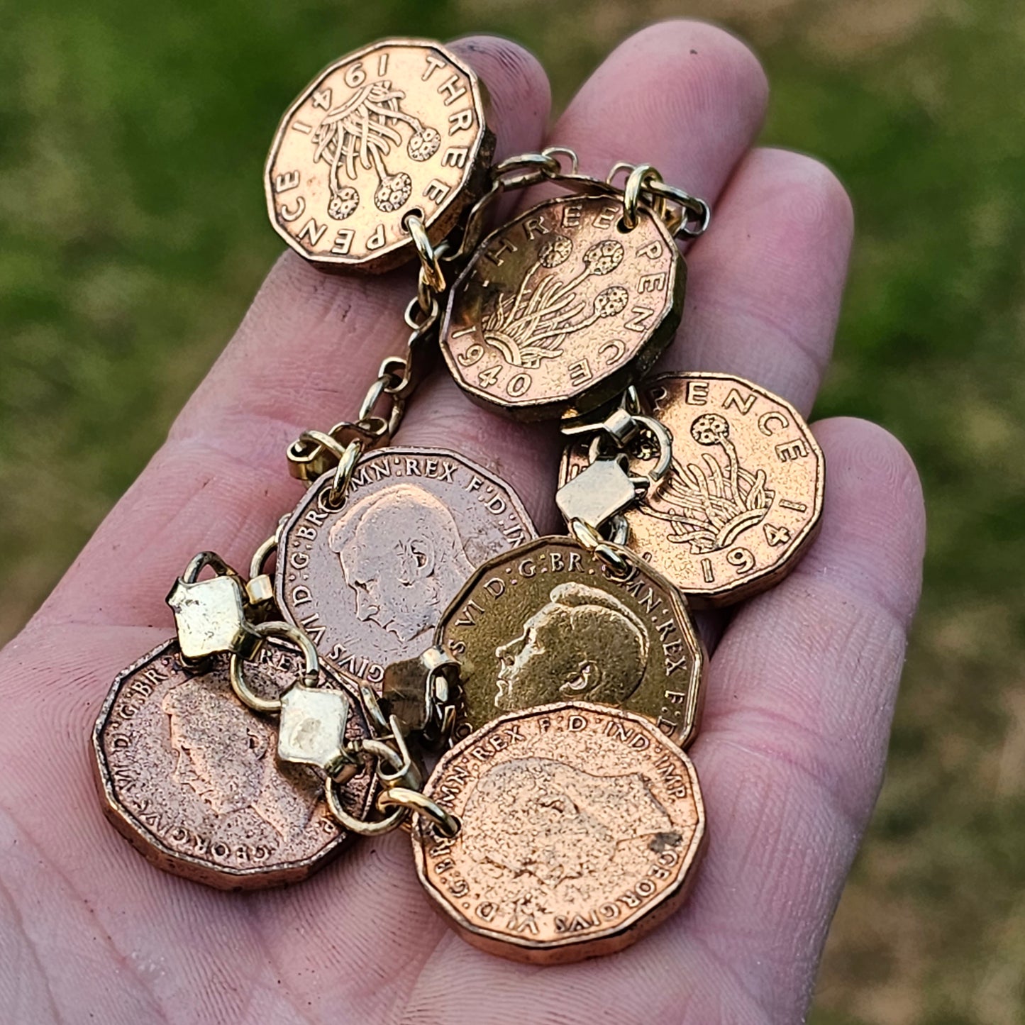 Old Three Pence Charm Bracelet Vintage Jewellery Gold Tone